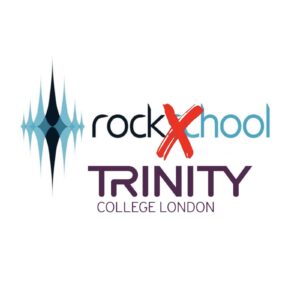 Rockschool and Trinity logo, with Rockschool crossed out