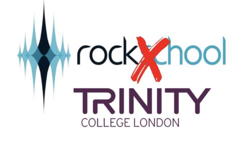 Rockschool and Trinity logo, with Rockschool crossed out